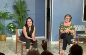 Playwright Siena Marilyn Ledger on stage at Moxie Theatre.