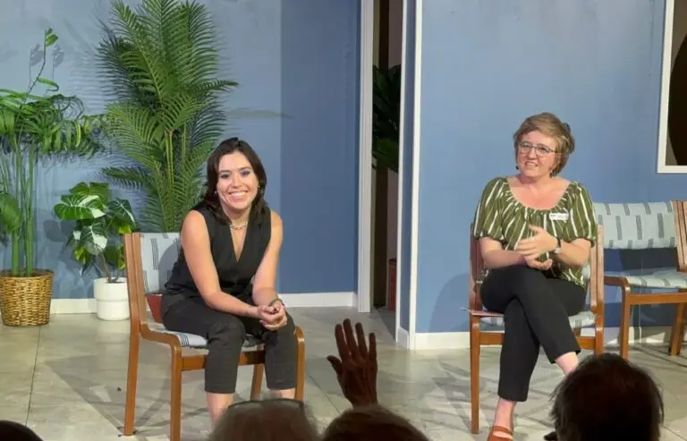 Playwright Siena Marilyn Ledger on stage at Moxie Theatre.