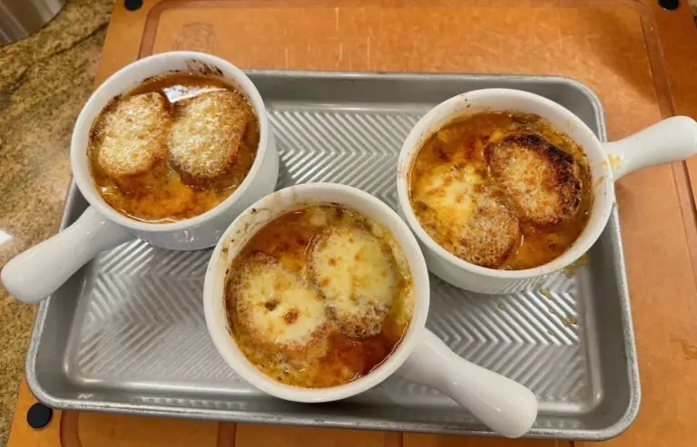 Bowls of French Onion Soup ready to eat