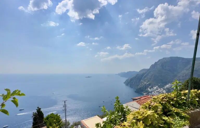 Panoramic view of the Amalfi Coast and Tyrrhenian Sea from Nocelle, looking down toward Positano