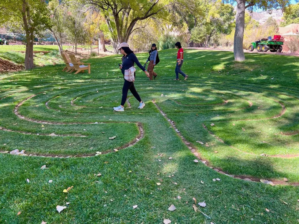 Walking the lawn labyrinth at Enchantment Resort in Sedona for a peaceful, meditative experience.