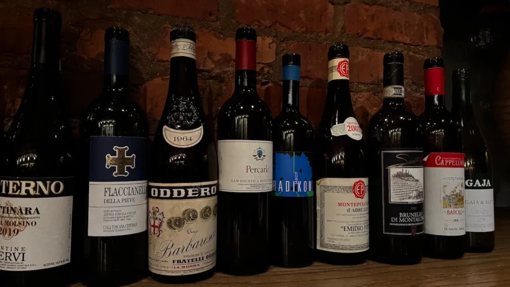Selection of Italian wine bottles displayed at Rezdôra in New York City