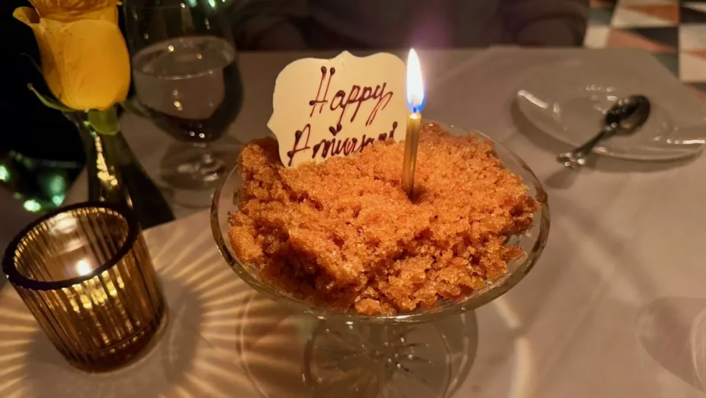 Affogato dessert at Torrisi Restaurant & Bar in New York City, served with a candle for an anniversary celebration