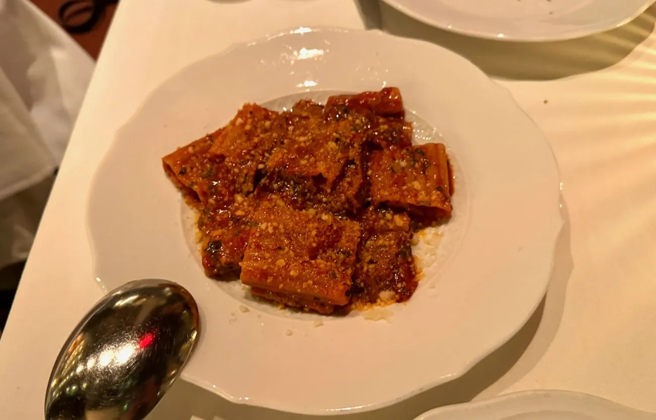 Maccheroni amatriciana at Torrisi Restaurant & Bar in New York City, featuring pasta in a rich tomato sauce