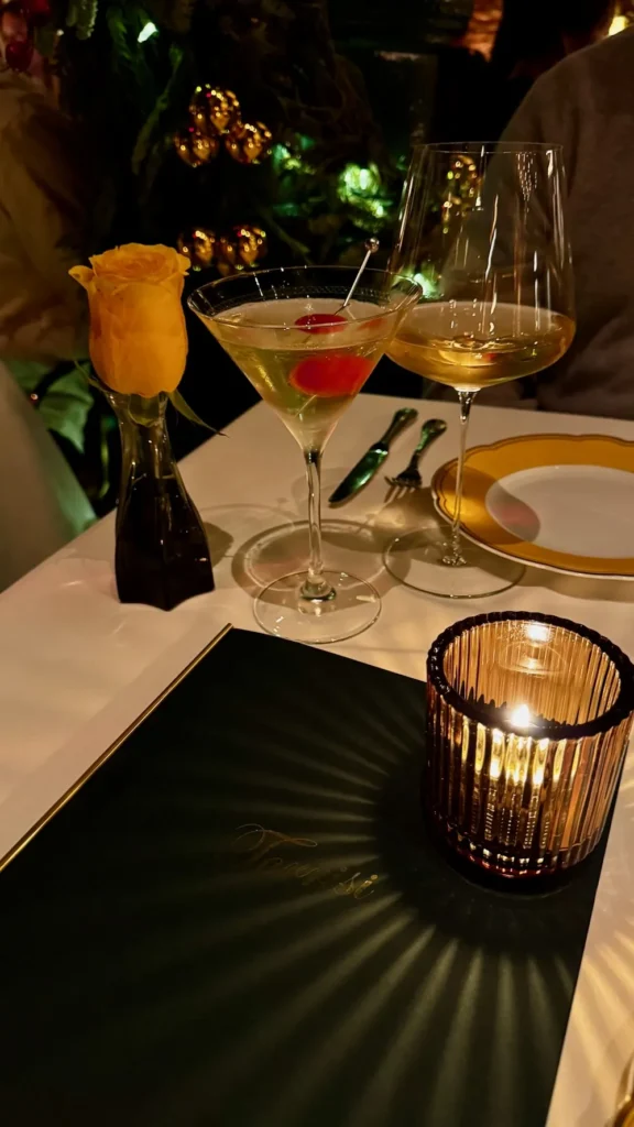 Wine and martini on the table at Torrisi Restaurant & Bar in New York City