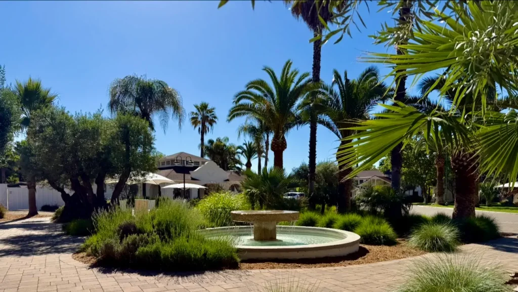 Landscaped gardens and fountain at Indian Springs Calistoga spa resort.