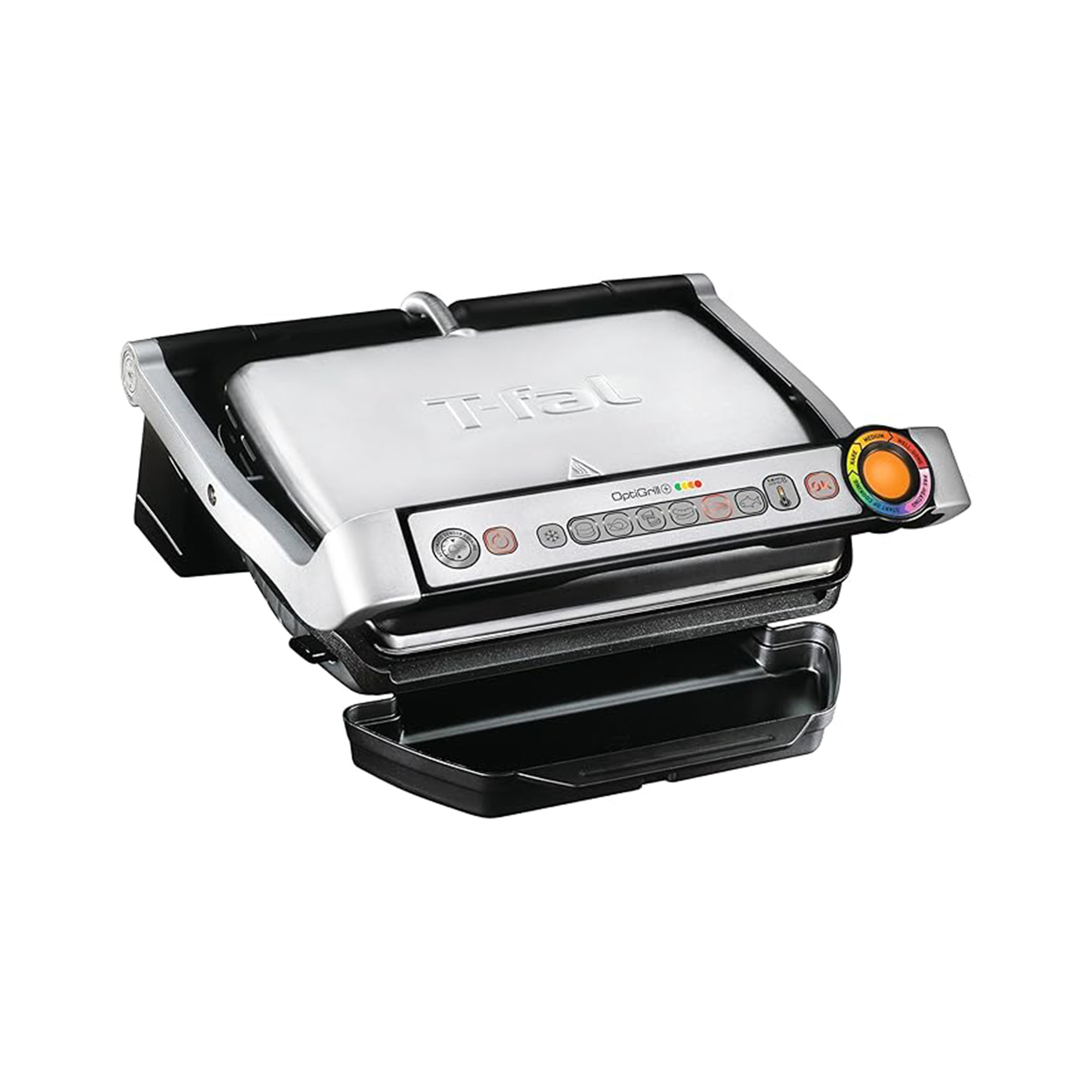 T-Fal OptiGrill Stainless Steel Electric Grill, 4 Servings, 6 Automatic Cooking Modes, Intelligent Grilling, Rare to Well-Done, Panini Press, Nonstick Removable Plates, Indoor, Silver