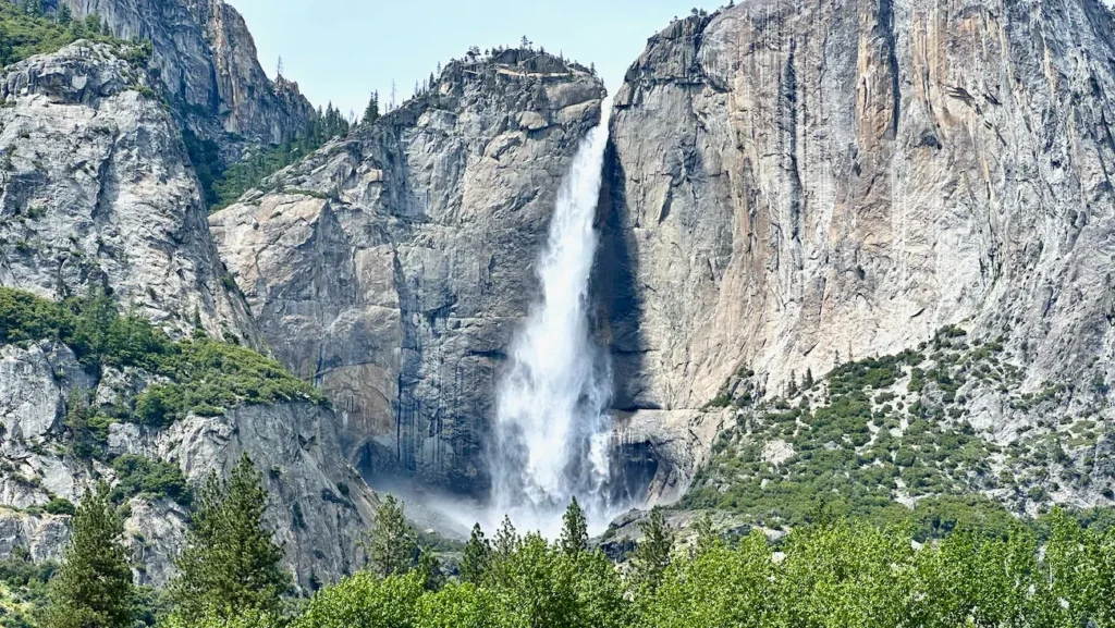 Yosemite Falls cascading into Yosemite Valley.