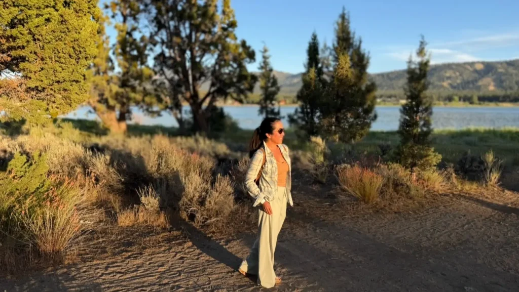 Walking along the Alpine Pedal Path near Big Bear Lake, California.