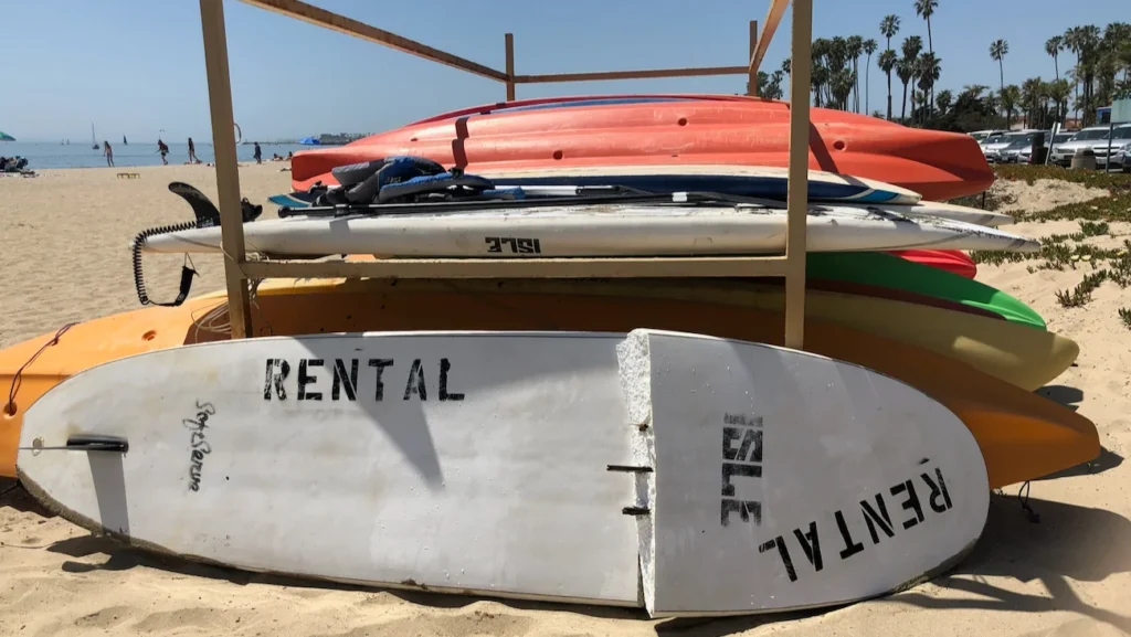 Broken paddleboard at the rental stand on East Beach in Santa Barbara