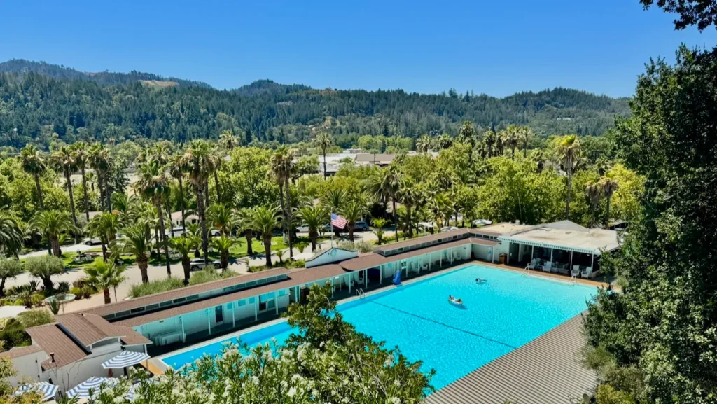 Aerial view of the main mineral pool at Indian Springs Calistoga in Napa Valley.