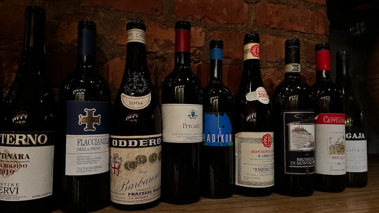 Selection of Italian wine bottles displayed at Rezdôra in New York City