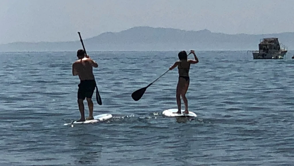 Paddleboarders on the Santa Barbara waterfront near East Beach