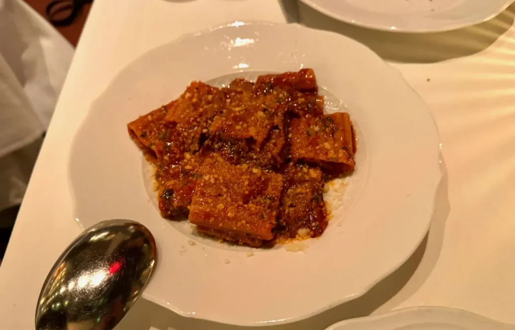 Maccheroni amatriciana at Torrisi Restaurant & Bar in New York City, featuring pasta in a rich tomato sauce