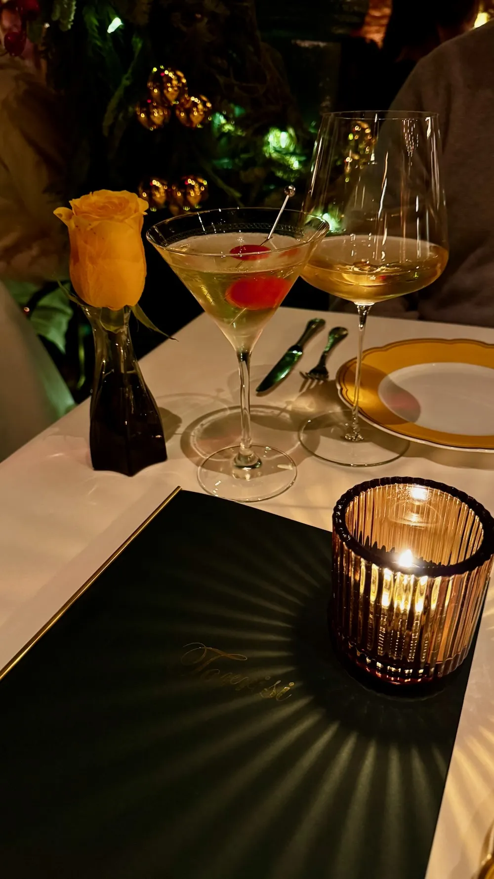 Wine and martini on the table at Torrisi Restaurant & Bar in New York City