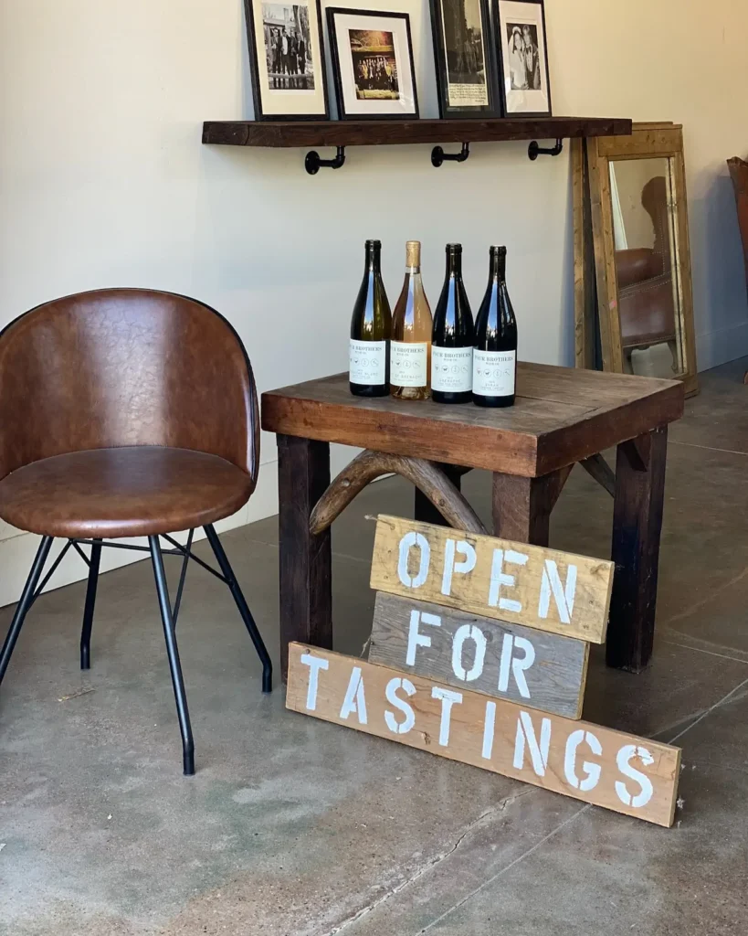 Wine tasting display inside a boutique tasting room in Los Olivos, California.